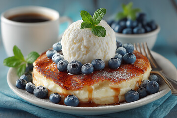 Delicious pancake topped with a scoop of vanilla ice cream and fresh blueberries, a cup of coffee, and a bowl of blueberries.