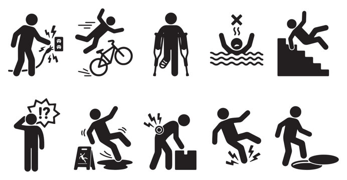 Stick Figure Pictogram Icon Set of Common Accidents, Injuries, and Safety Hazards

