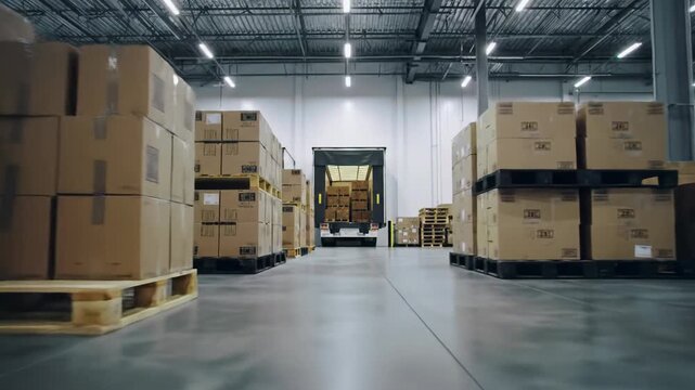 A tracking video glides across a pristine, modern warehouse with endless boxes on pallets and a semi-truck loading bay. Concept of industrial logistics efficiency