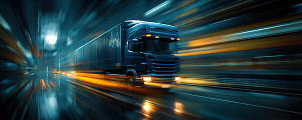 High speed cargo truck with glowing light trails racing through futuristic city highway at night