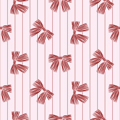 Vector coquette bow pattern with tiny stripes. Red seamless elegant ribbon pattern. Vector preppy pattern