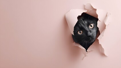 A curious black cat peeks out from a torn hole in a pink colored paper background