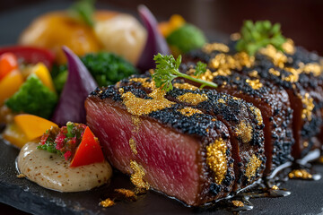 Gourmet Seared Tuna Steak: Exquisite culinary artistry with edible gold leaf, served with colorful vegetables, on a rustic slate plate.