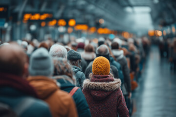 Crowd of people waiting at a station platform. Diverse group of people, waiting, traveling, commuting.