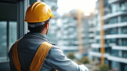 Rear view of faceless professional interior renovation construction worker defocused home apartment construction background interior improvement specialist company renovation