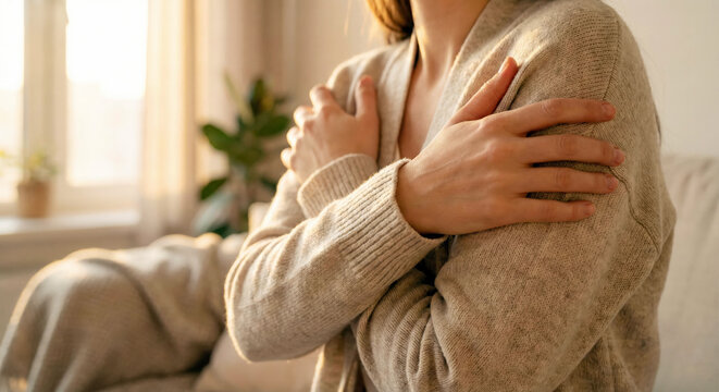 Woman's hands gently crossing over her own chest or arms, self-love concept