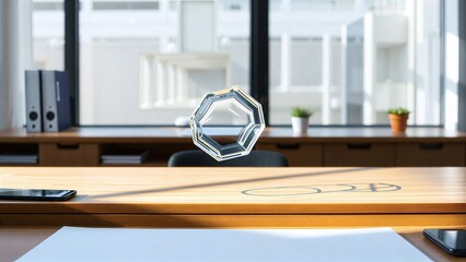 A futuristic transparent octagonal object levitating above a polished wooden office desk in a bright and airy modern workspace with large windows overlooking a city view