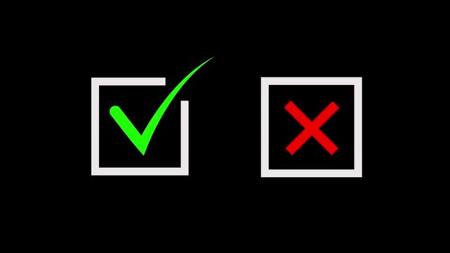 Yes and No Button Icons Set with Tick and Cross Symbols animation with alpha channel. Tick or check mark and cross mark signs icon animation. False and true, right and wrong 4k video.