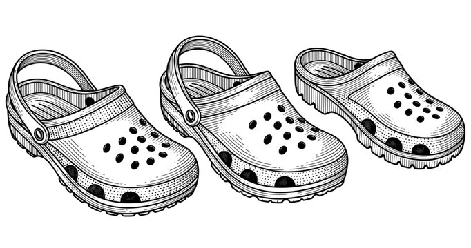 Black and white illustration of three casual clogs with strap and ventilation holes