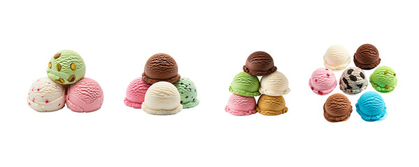 Variety of colorful ice cream scoops in different flavors and combinations