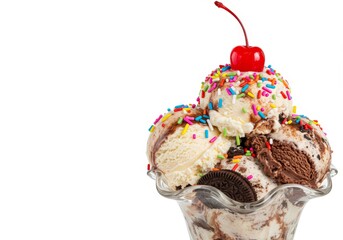 Sweet summer dessert featuring ice cream scoops with sprinkles.