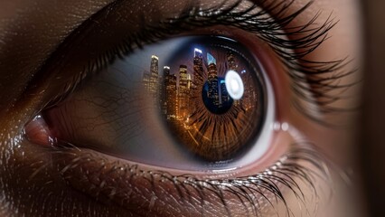 Macro shot of human eye reflecting illuminated night city skyline.