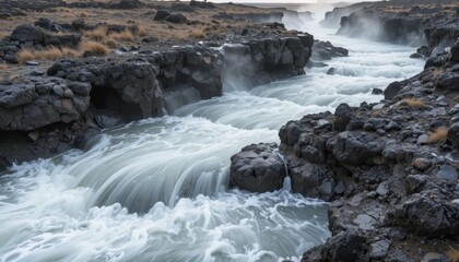 Fototapeta premium Running Water Flows Over Rocks in a Rocky Landscape During Early Morning Light Near a Geothermal Area