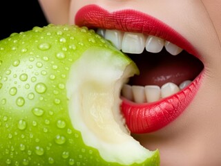 Healthy white teeth biting into juicy fruit symbolizing dental care.