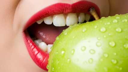 Juicy green apple being bitten by woman with perfect smile.