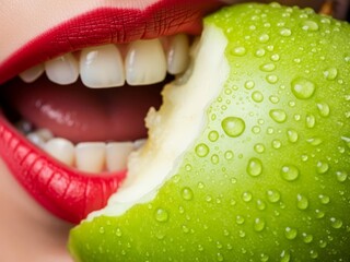 Concept of healthy eating with girl eating green apple with drops.