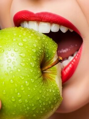 Freshness concept showing water drops on apple near open mouth.