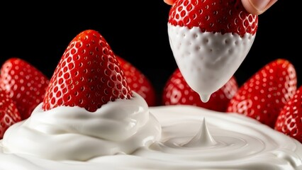 Fresh red strawberry being dipped into white sweet cream.