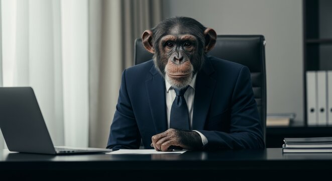 Business leader metaphor showing smart chimpanzee in jacket.