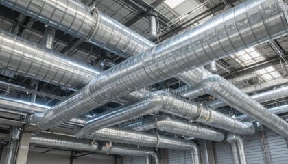 Pipes and Ducts Arranged in a Large Industrial Building During Daylight Hours