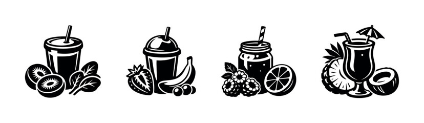 Fresh fruit drinks vector icons set: smoothies, juice, tropical beverage symbols