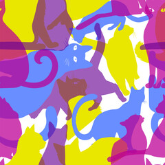 Cute pattern with different cats. Seamless background with colorful cats vector print with flat cats. Hand drawn. Not AI,