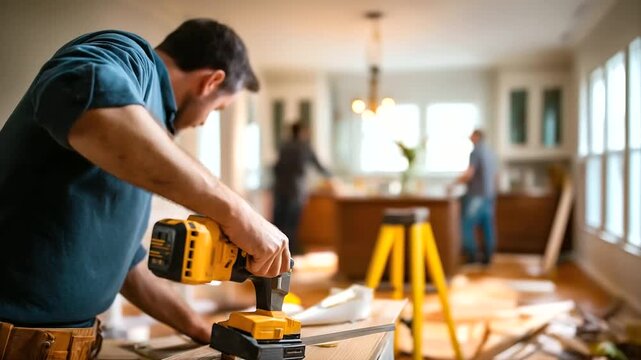 Kitchen remodel renovation in active progress scene faceless construction work phase defocused demolition background with cabinets removed cabinet installation preparation home