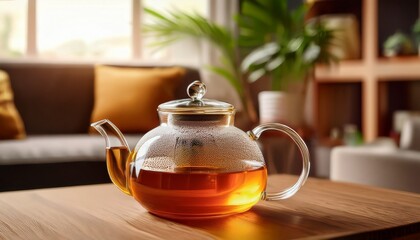 warm glass teapot with fresh tea on wooden table in modern cozy home interior