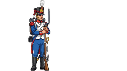 Naklejka premium A cartoon illustration of a French soldier in a blue and red uniform holding a rifle and bayonet