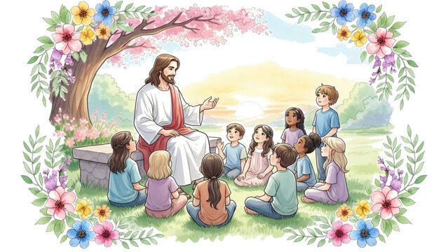 A serene illustration of Jesus teaching children in a peaceful outdoor setting surrounded by flowers and trees.