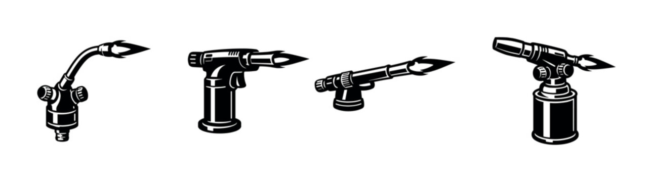 Torch vector icons set, welding, soldering tools, black gas burner symbols