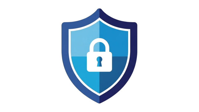A blue shield icon with a white lock on a transparent background, symbolizing security and protection