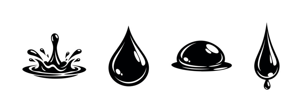 Water drop vector icons set. liquid, black water symbols, splash, droplet, glossy effect