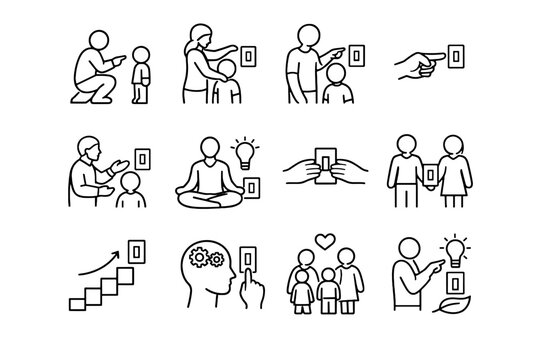 Children habits education light pointing mindful switch icon calm explain responsibility vector