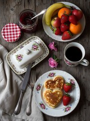 Morning Breakfast Table With Pancakes, Fruit Plate, Jam, Coffee and Floral Porcelain Setup Pottery Decor