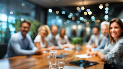 Defocused team around conference table in bright modern office space, blurred collaborative workspace scene, with copy space