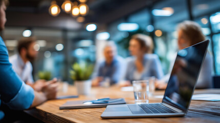 Defocused team around conference table in bright modern office space, blurred collaborative workspace scene, with copy space