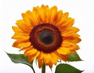 Obraz premium a bright yellow sunflower in full bloom with a dark center and green stem isolated on white background