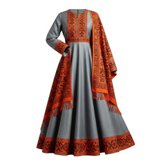 Gray and orange traditional dress with embroidered patterns