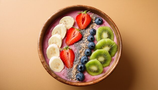 vibrant smoothie bowl with strawberries kiwi blueberries and nuts on a warm tan background in bright lighting