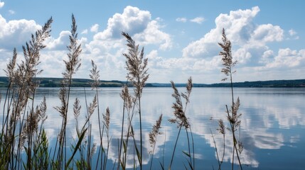 Fototapeta premium Tranquil Lake Scene with Reeds and Reflections on Water Under a Blue Sky with Fluffy White Clouds and Gentle Ripples in the Background