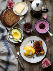  Breakfast Spread With Toast, Avocado Egg, Fresh Berries, Jam, and Coffee on Rustic Table