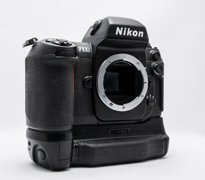 Gothenburg, Sweden - August 22 2025: Close up view of Nikon F100 film camera body.