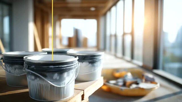 Construction site of home renovation featuring paint and primer supplies faceless jerry buckets containers defocused building interior background painting preparation supplies