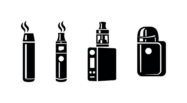 Electronic cigarette vector icons set: vape pen, mod, and pod symbols in black