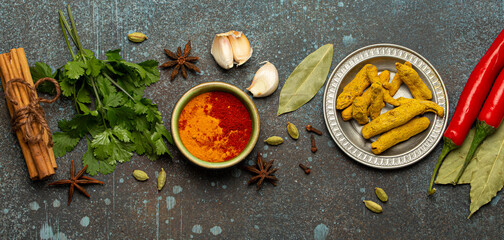 Various Indian spices and herbs arranged on a rustic background .
