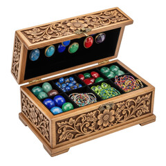 Intricate wooden jewelry box with colorful beads