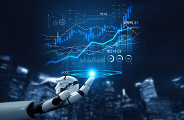 A futuristic robot hand displays digital data visualizations and financial graphs representing stock market trends, showcasing advanced technology in a city setting. Scalp