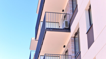 Luxury house complex of flats in condo area . Part of city real estate property, condo architecture on a sunny day no people.