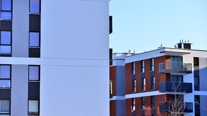Luxury house complex of flats in condo area . Part of city real estate property, condo architecture on a sunny day no people.
